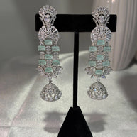 Mint Green CZ Silver Tone Chandelier Jhumka Earrings Pakistani Indian Jewelry