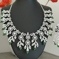 Emerald Green CZ Crystal Silver Necklace Earrings Set Indian Bridal Jewelry