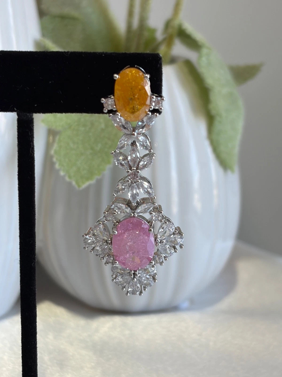 Yellow Pink CZ Silver Tone Drop Earrings Pakistani Indian Statement Jewelry
