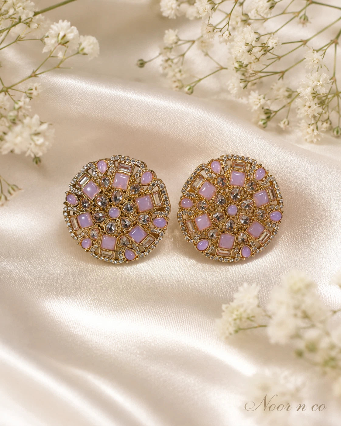 Pink Lavender Gold Tone CZ Round Statement Earrings Indian Pakistani Jewelry