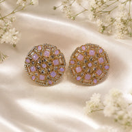 Pink Lavender Gold Tone CZ Round Statement Earrings Indian Pakistani Jewelry
