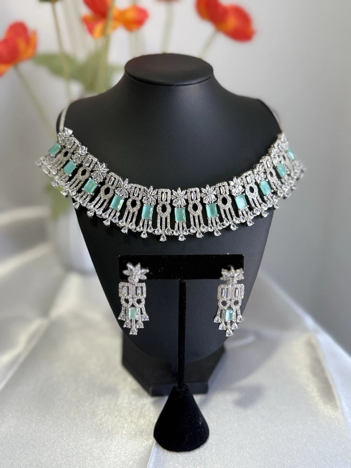 Mint Green CZ Choker Necklace Earrings Set Silver Tone Pakistani Jewelry