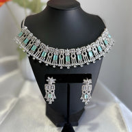 Mint Green CZ Choker Necklace Earrings Set Silver Tone Pakistani Jewelry