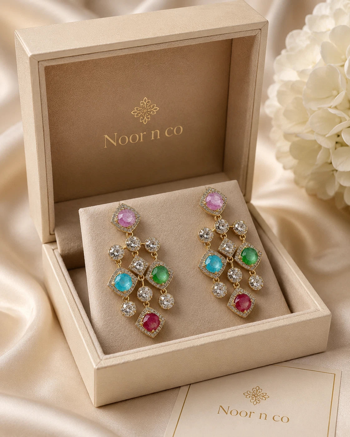 Multicolor CZ Gold Tone Chandelier Earrings Pakistani Indian Statement Jewelry