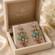 Multicolor CZ Gold Tone Chandelier Earrings Pakistani Indian Statement Jewelry