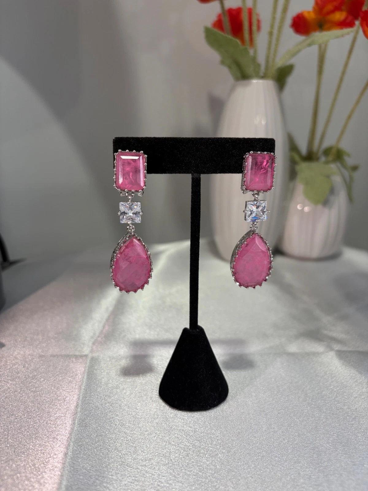 Pink CZ Silver Tone Drop Earrings Indian Pakistani Statement Jewelry