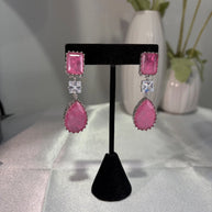 Pink CZ Silver Tone Drop Earrings Indian Pakistani Statement Jewelry
