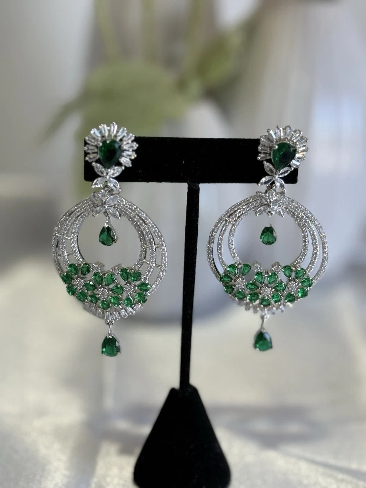 Emerald Green CZ Chandbali Earrings Silver Tone Pakistani Jewelry