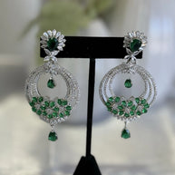 Emerald Green CZ Chandbali Earrings Silver Tone Pakistani Jewelry