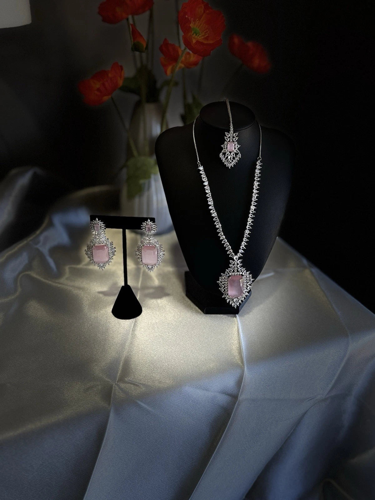 Pink CZ Necklace Earrings Tikka Set Silver Tone Pakistani Indian Jewelry