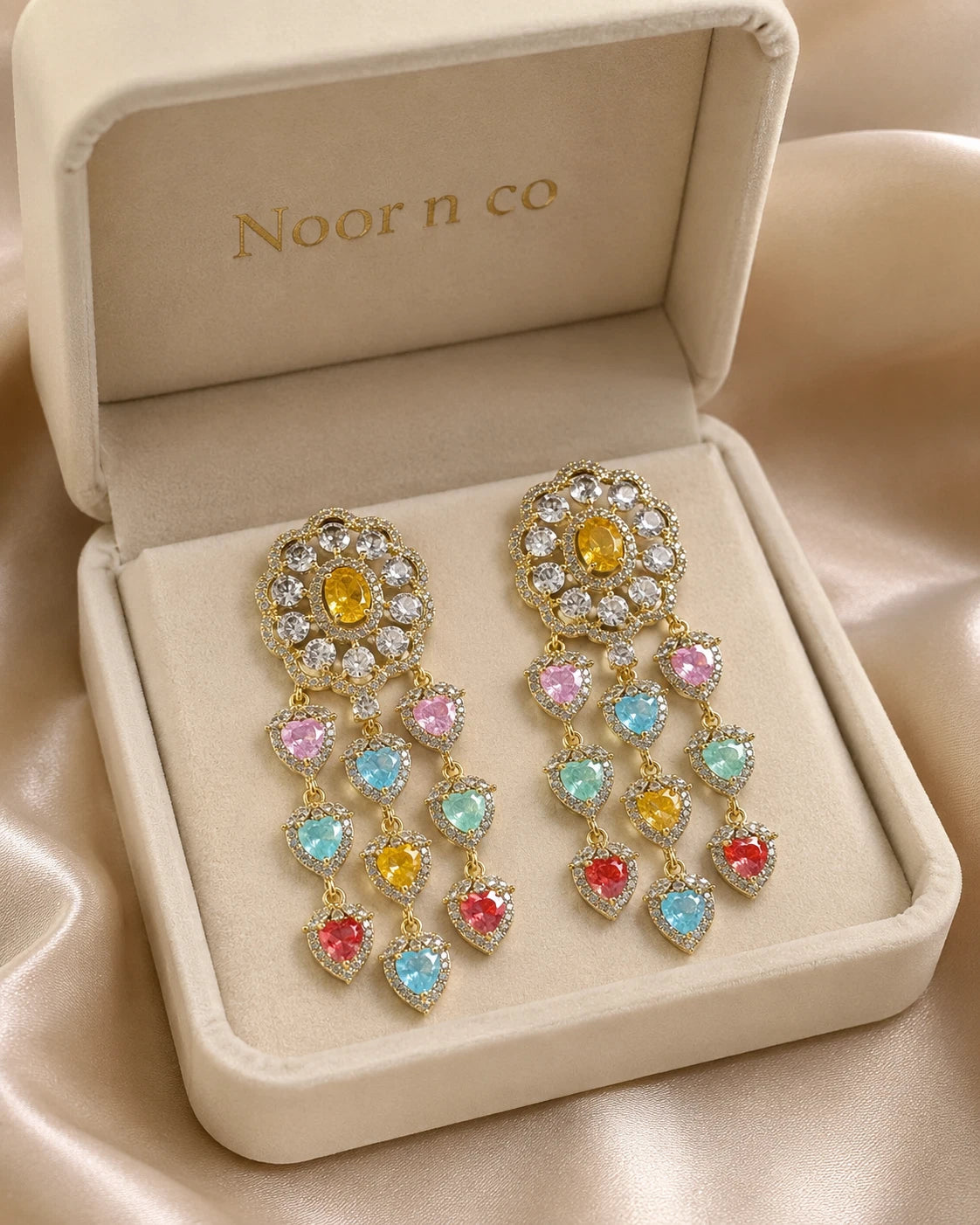 Multicolor Heart CZ Gold Tone Chandelier Earrings Pakistani Indian Jewelry