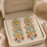 Multicolor Heart CZ Gold Tone Chandelier Earrings Pakistani Indian Jewelry