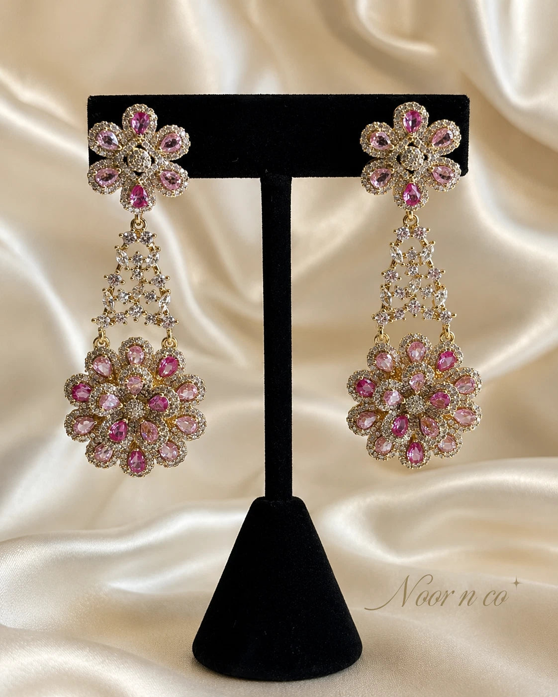 Pink Floral CZ Gold Tone Chandelier Earrings Pakistani Indian Bridal Jewelry