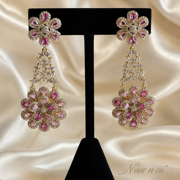 Pink Floral CZ Gold Tone Chandelier Earrings Pakistani Indian Bridal Jewelry