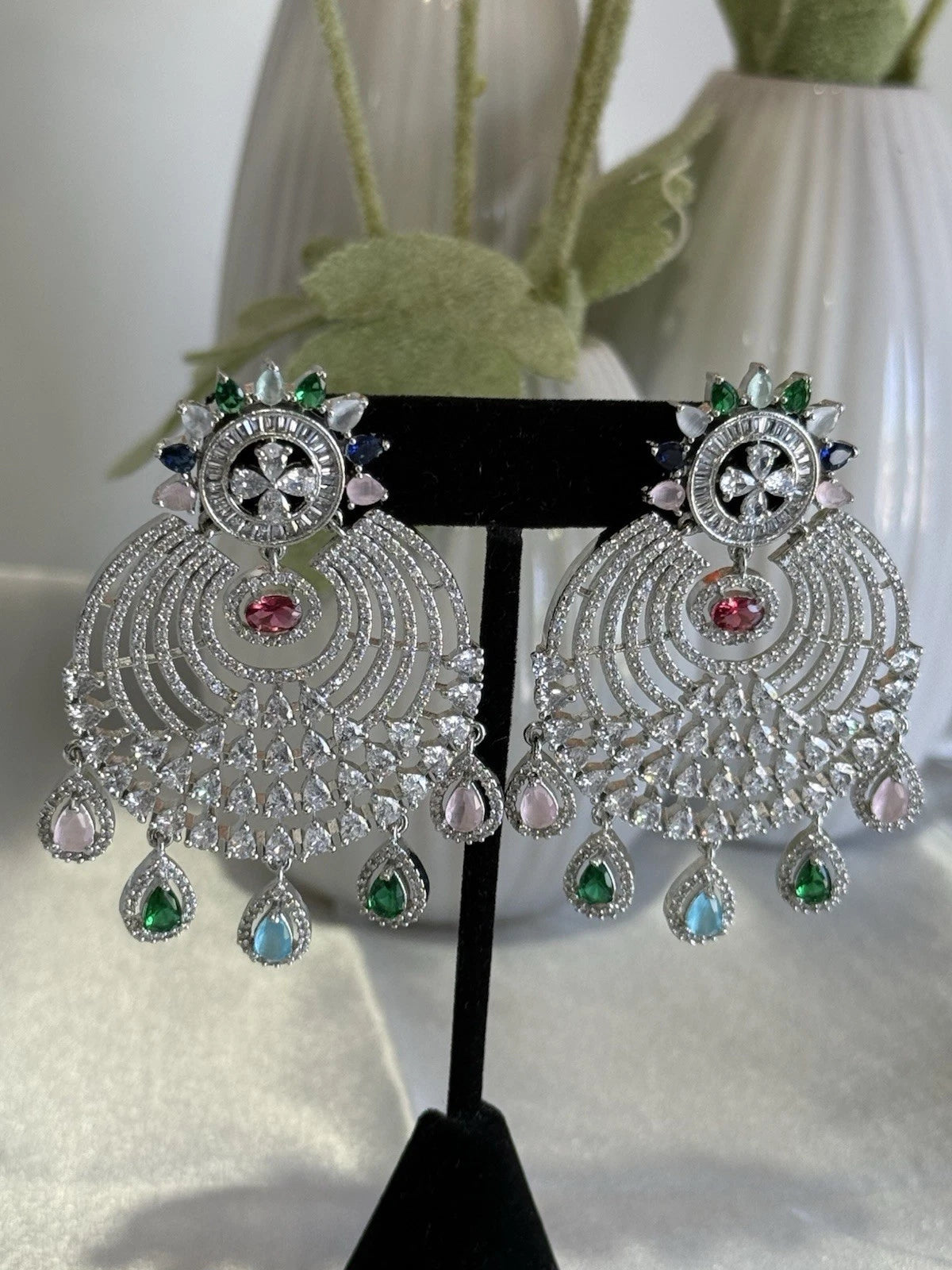 Multicolor CZ Chandbali Earrings Silver Tone Pakistani Indian Jewelry