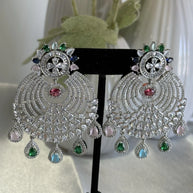 Multicolor CZ Chandbali Earrings Silver Tone Pakistani Indian Jewelry