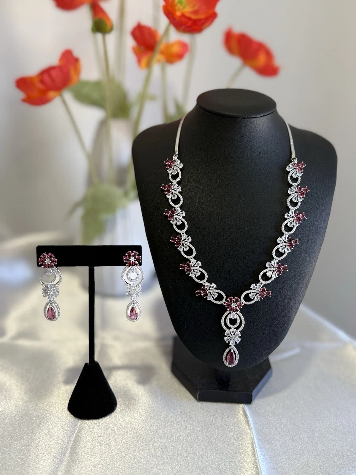 Pink Crystal CZ Necklace & Earrings Set Silver Tone Wedding Jewelry