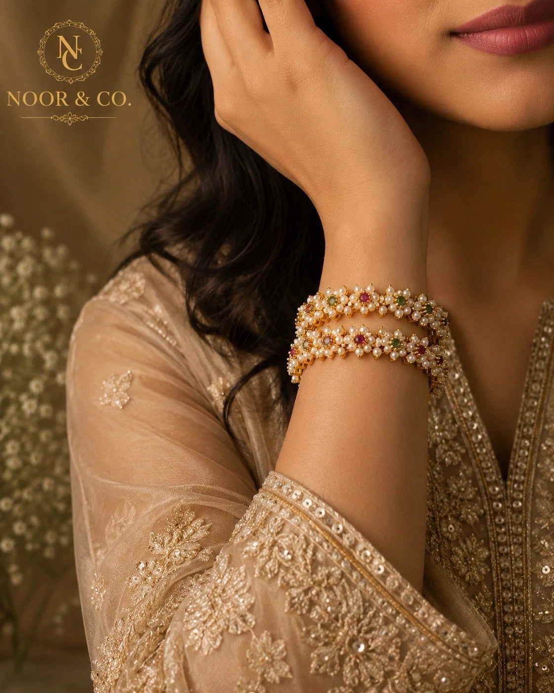 Pearl Blossom Multicolor Floral Bangles – Premium Gold Finish Size 2.10