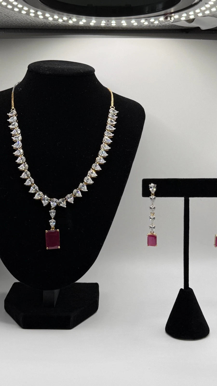 Ruby Red CZ Necklace Set with Matching Drop Earrings | Elegant Bridal Jewelry |