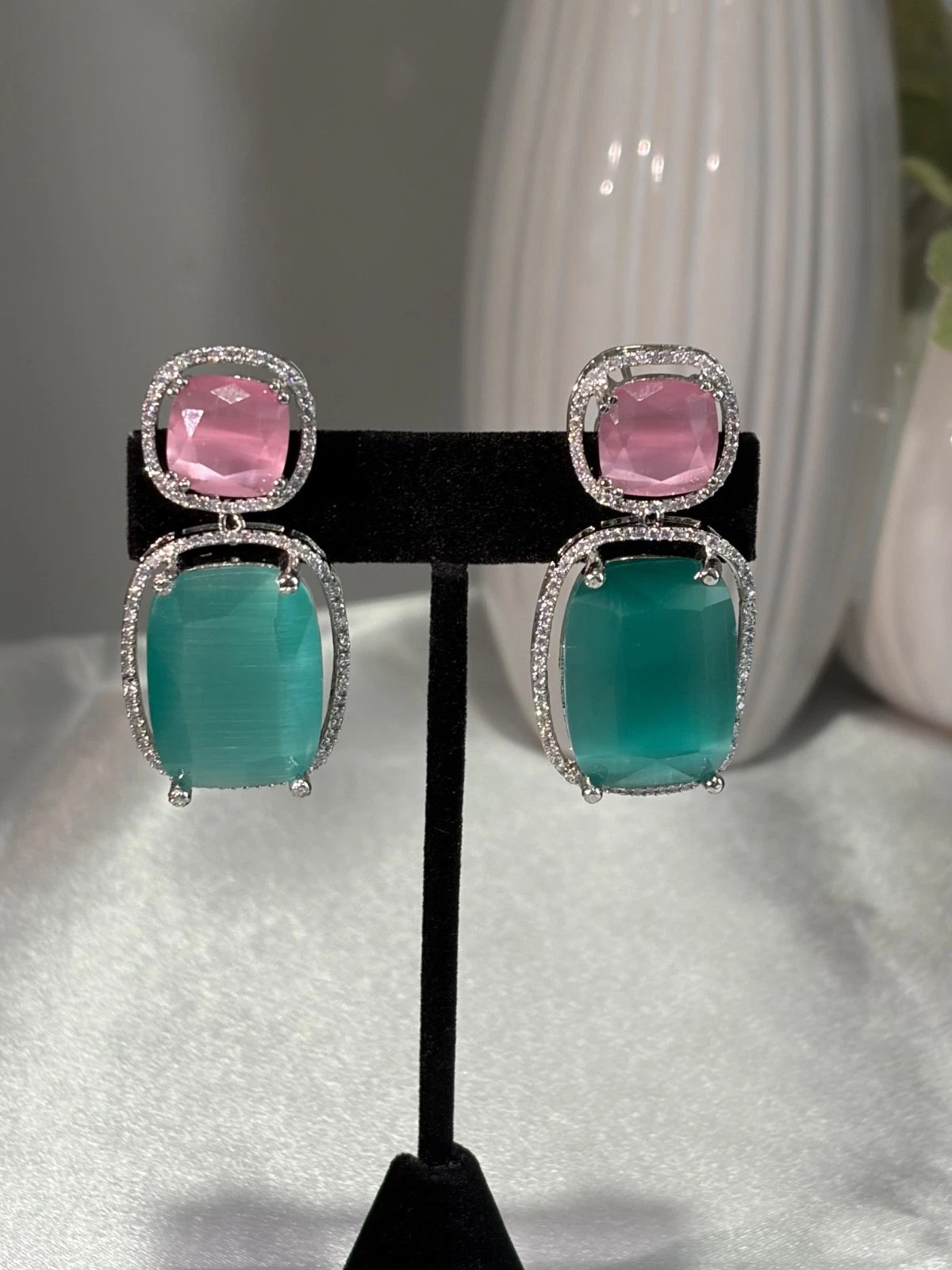 Pink Teal CZ Drop Earrings Silver Tone Statement Fashion Jewelry