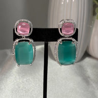 Pink Teal CZ Drop Earrings Silver Tone Statement Fashion Jewelry