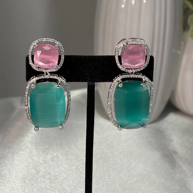 Pink Teal CZ Drop Earrings Silver Tone Statement Fashion Jewelry