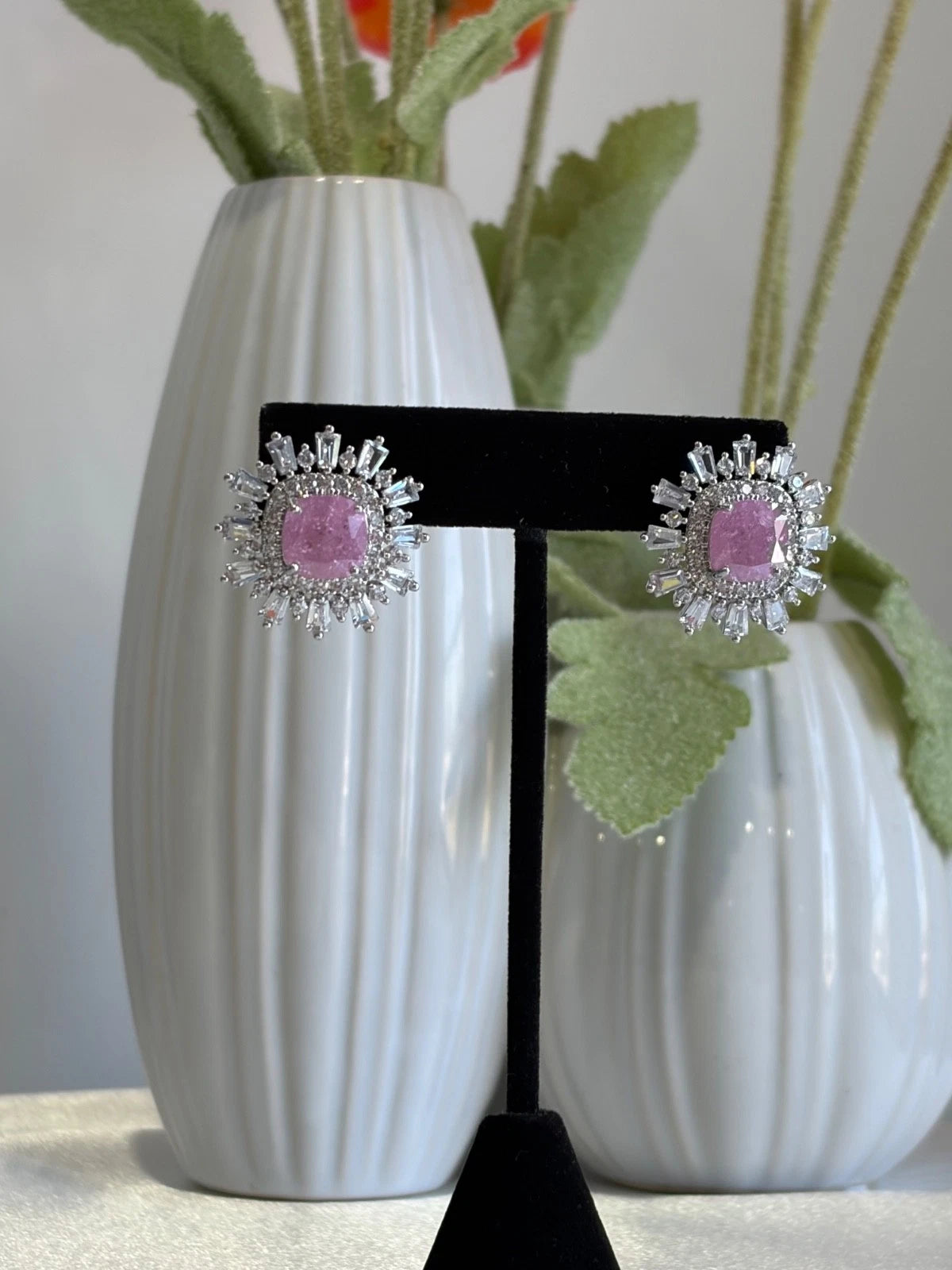 Pink Stone CZ Silver Tone Halo Stud Earrings Pakistani Indian Jewelry