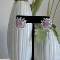 Pink Stone CZ Silver Tone Halo Stud Earrings Pakistani Indian Jewelry
