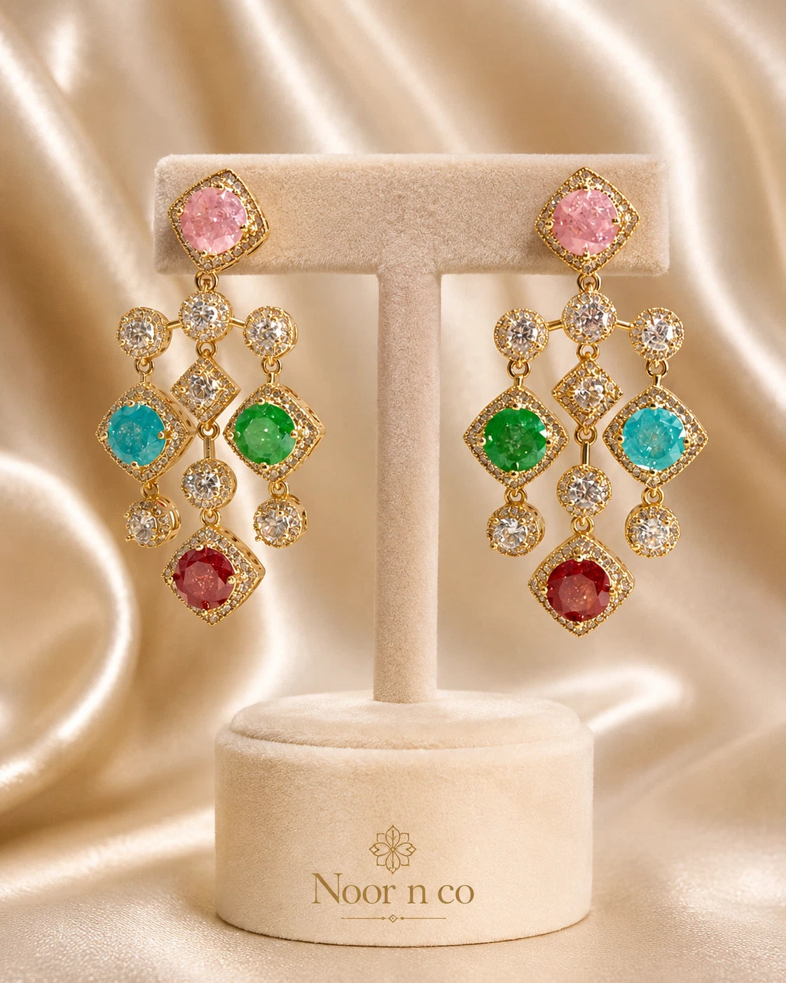 Multicolor CZ Gold Tone Chandelier Earrings Pakistani Indian Statement Jewelry