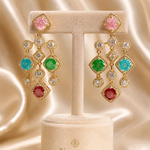 Multicolor CZ Gold Tone Chandelier Earrings Pakistani Indian Statement Jewelry