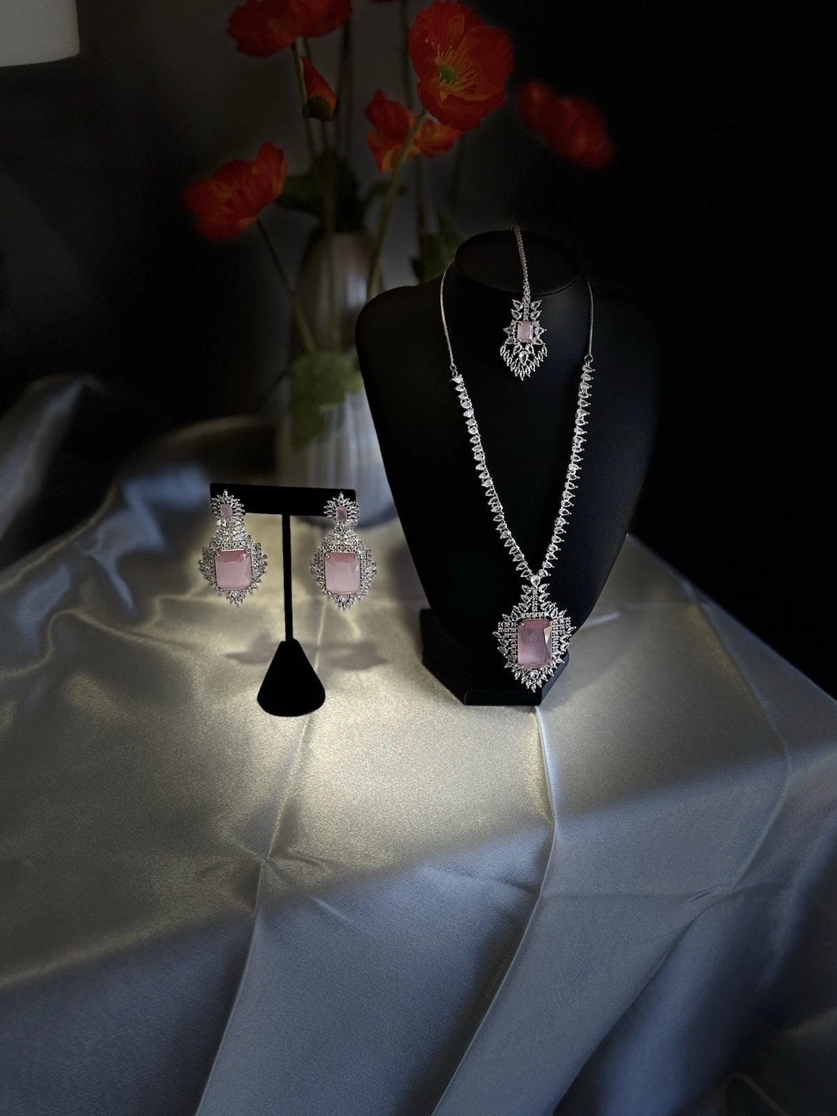 Pink CZ Necklace Earrings Tikka Set Silver Tone Pakistani Indian Jewelry