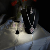 Pink CZ Necklace Earrings Tikka Set Silver Tone Pakistani Indian Jewelry