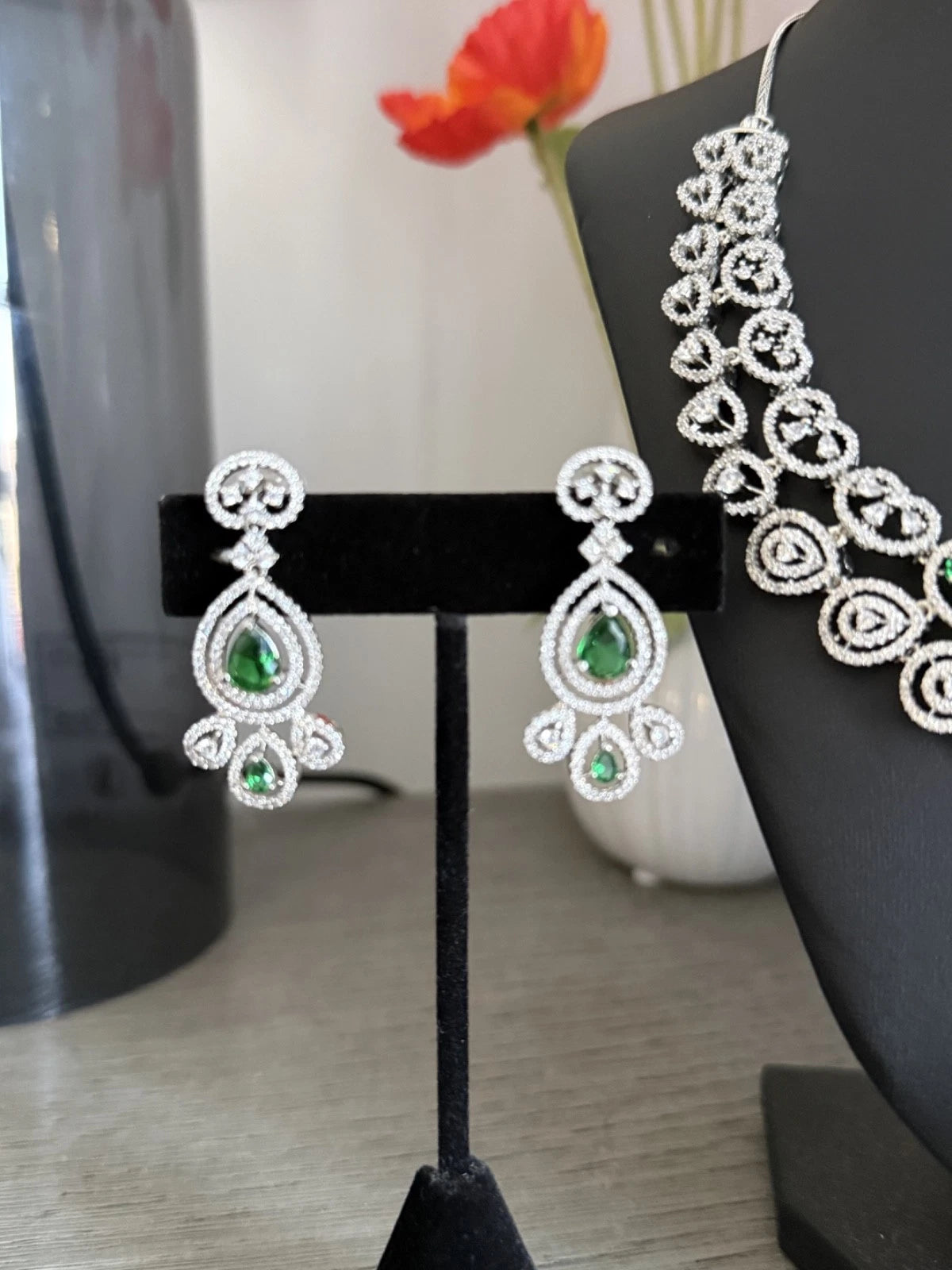 Emerald green and clear CZ-style necklace set