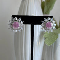 Pink Stone CZ Silver Tone Halo Stud Earrings Pakistani Indian Jewelry