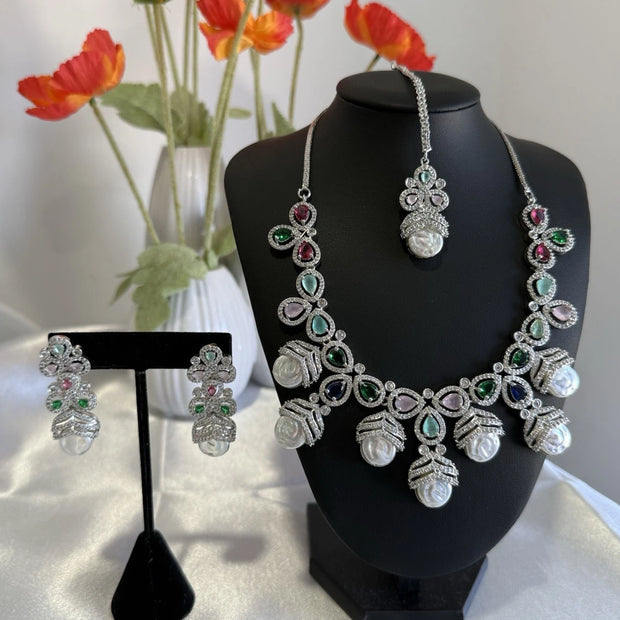 Multicolor CZ Pearl Necklace Earrings Tikka Set Silver Tone Jewelry