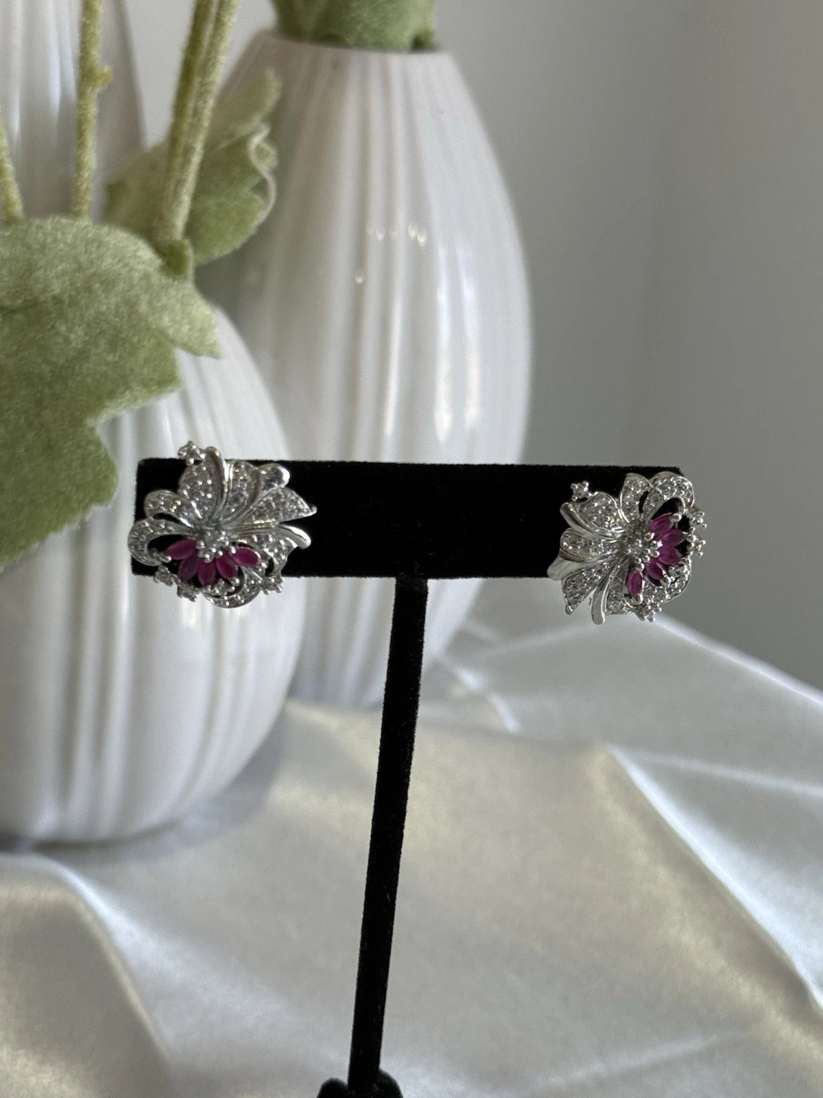 Magenta Pink & Black CZ Floral Stud Earrings Silver Tone Party Jewelry