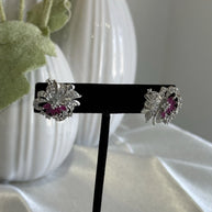 Magenta Pink & Black CZ Floral Stud Earrings Silver Tone Party Jewelry