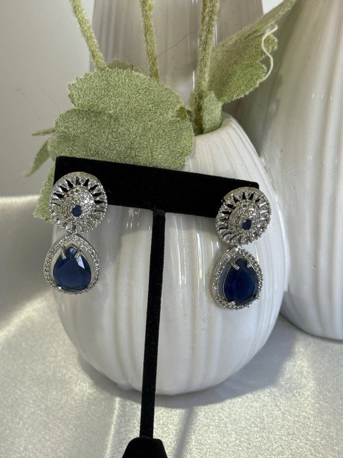 Sapphire Blue CZ Teardrop Earrings Silver Tone Party Jewelry