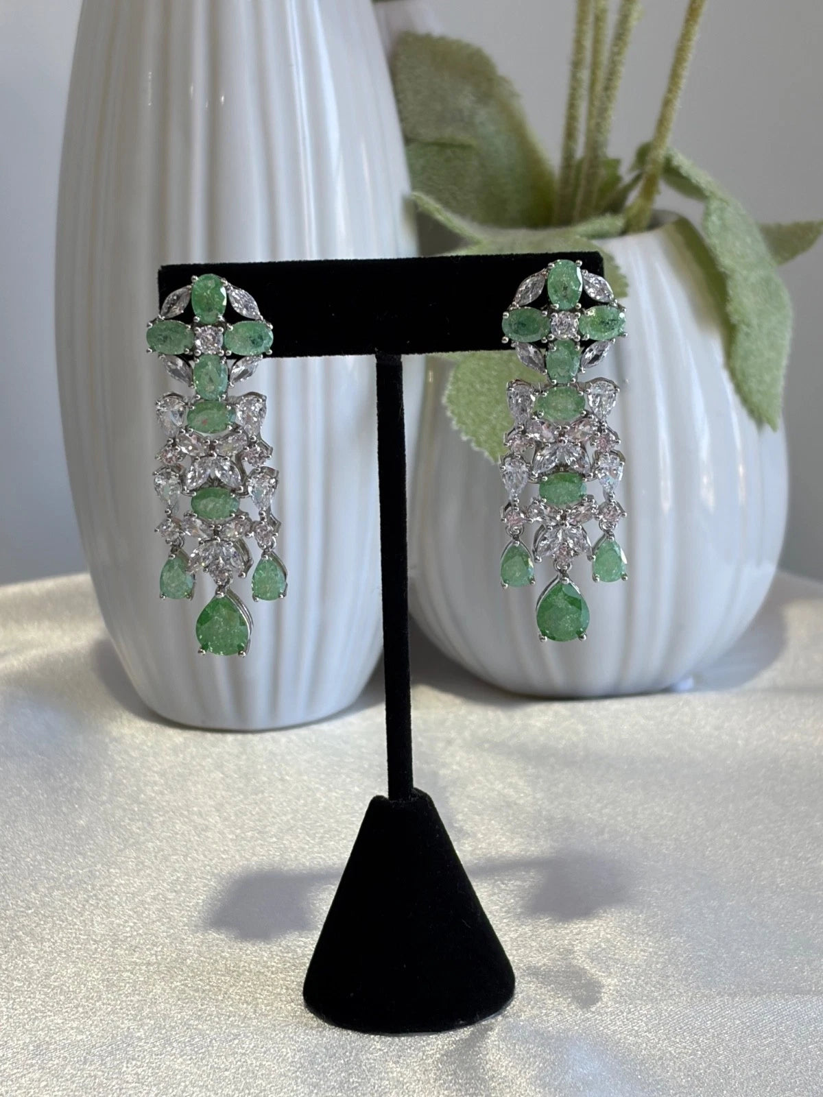 Green CZ Silver Tone Chandelier Drop Earrings Pakistani Indian Jewelry