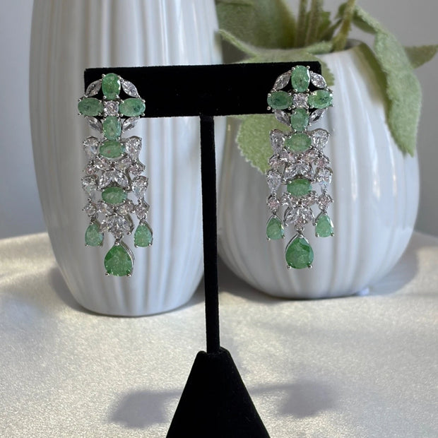 Green CZ Silver Tone Chandelier Drop Earrings Pakistani Indian Jewelry