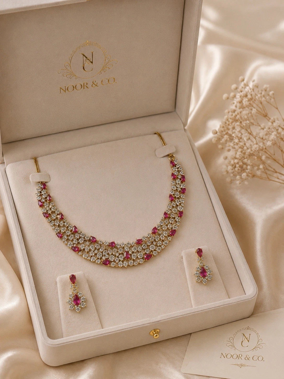 Ruby Radiance & Mint Garden American Diamond Necklace Set