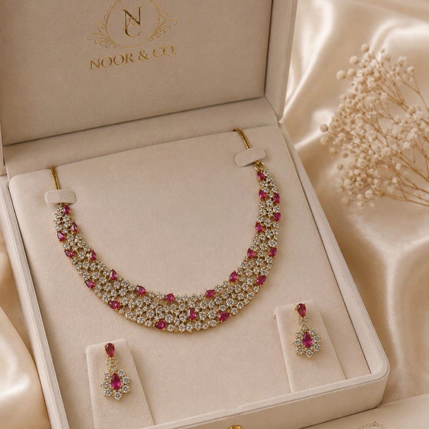 Ruby Radiance & Mint Garden American Diamond Necklace Set
