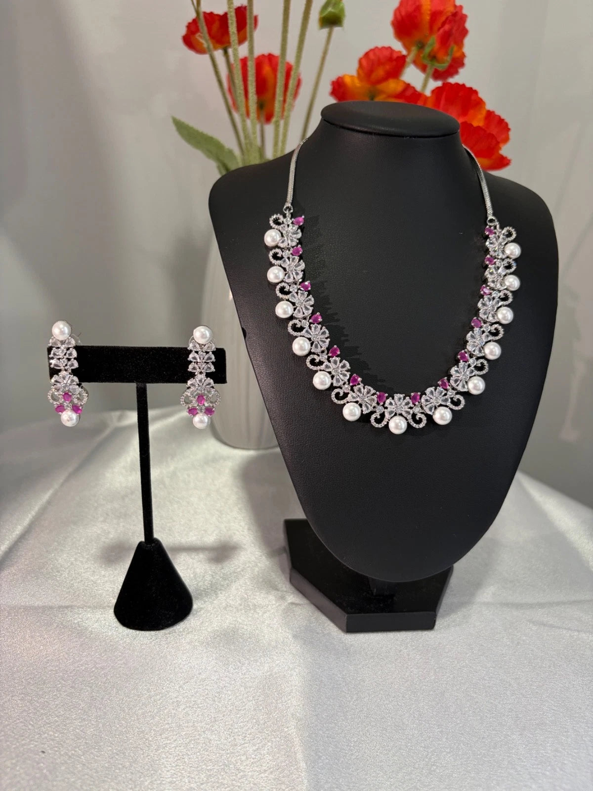 Pink Pearl CZ Silver Tone Necklace Earrings Set Indian Pakistani Bridal Jewelry
