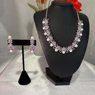 Pink Pearl CZ Silver Tone Necklace Earrings Set Indian Pakistani Bridal Jewelry