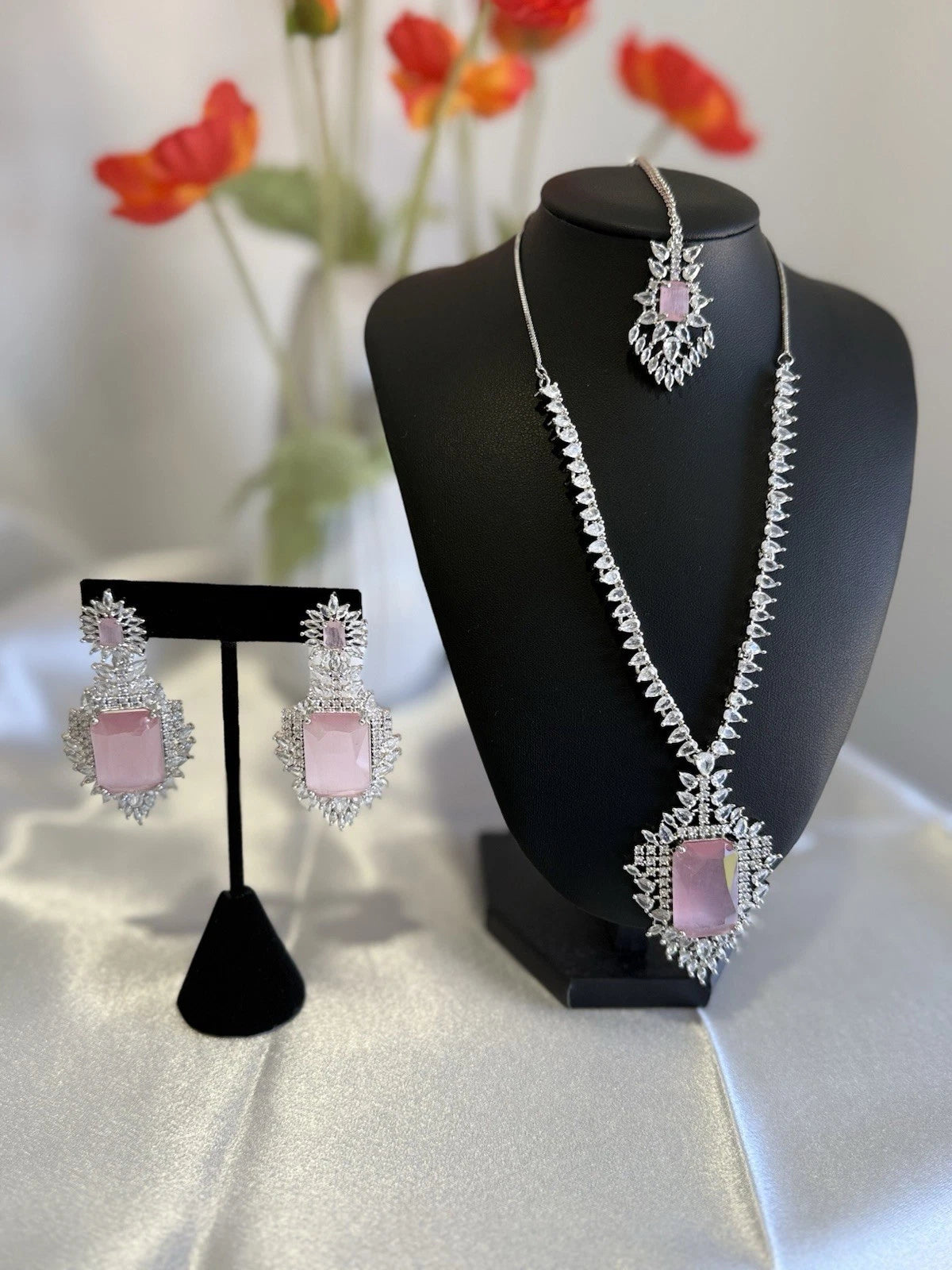 Pink CZ Necklace Earrings Tikka Set Silver Tone Pakistani Indian Jewelry