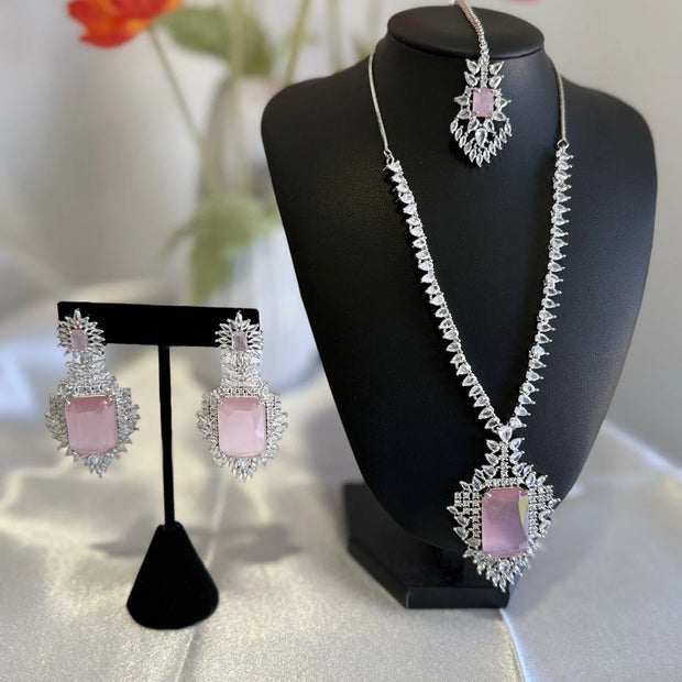 Pink CZ Necklace Earrings Tikka Set Silver Tone Pakistani Indian Jewelry