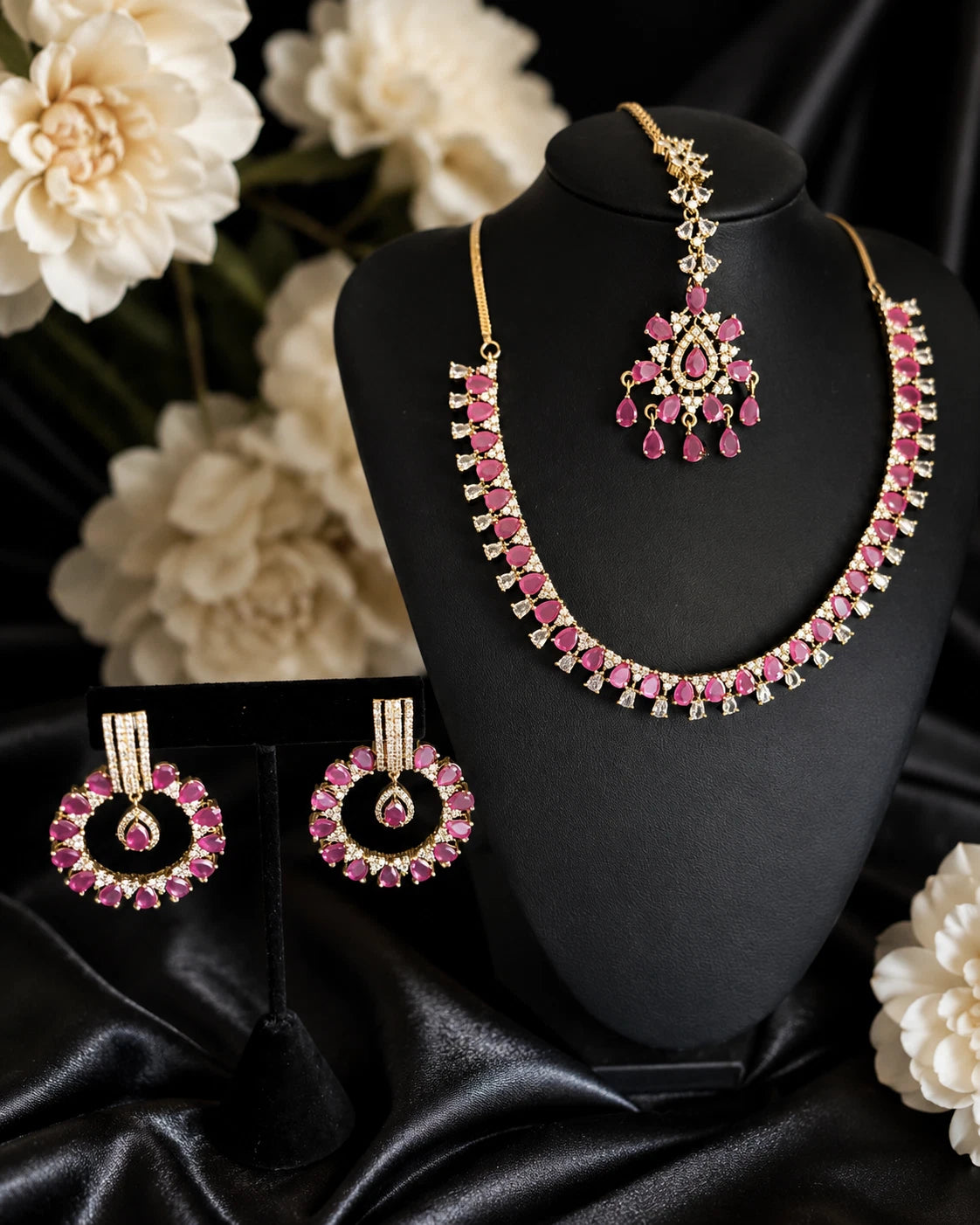 Pink CZ Gold Tone Necklace Earrings Tikka Set Indian Pakistani Bridal Jewelry