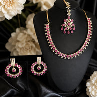 Pink CZ Gold Tone Necklace Earrings Tikka Set Indian Pakistani Bridal Jewelry