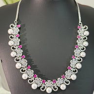Pink Pearl CZ Silver Tone Necklace Earrings Set Indian Pakistani Bridal Jewelry