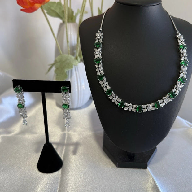 Emerald Green CZ Necklace & Earrings Set Silver Tone Wedding Jewelry